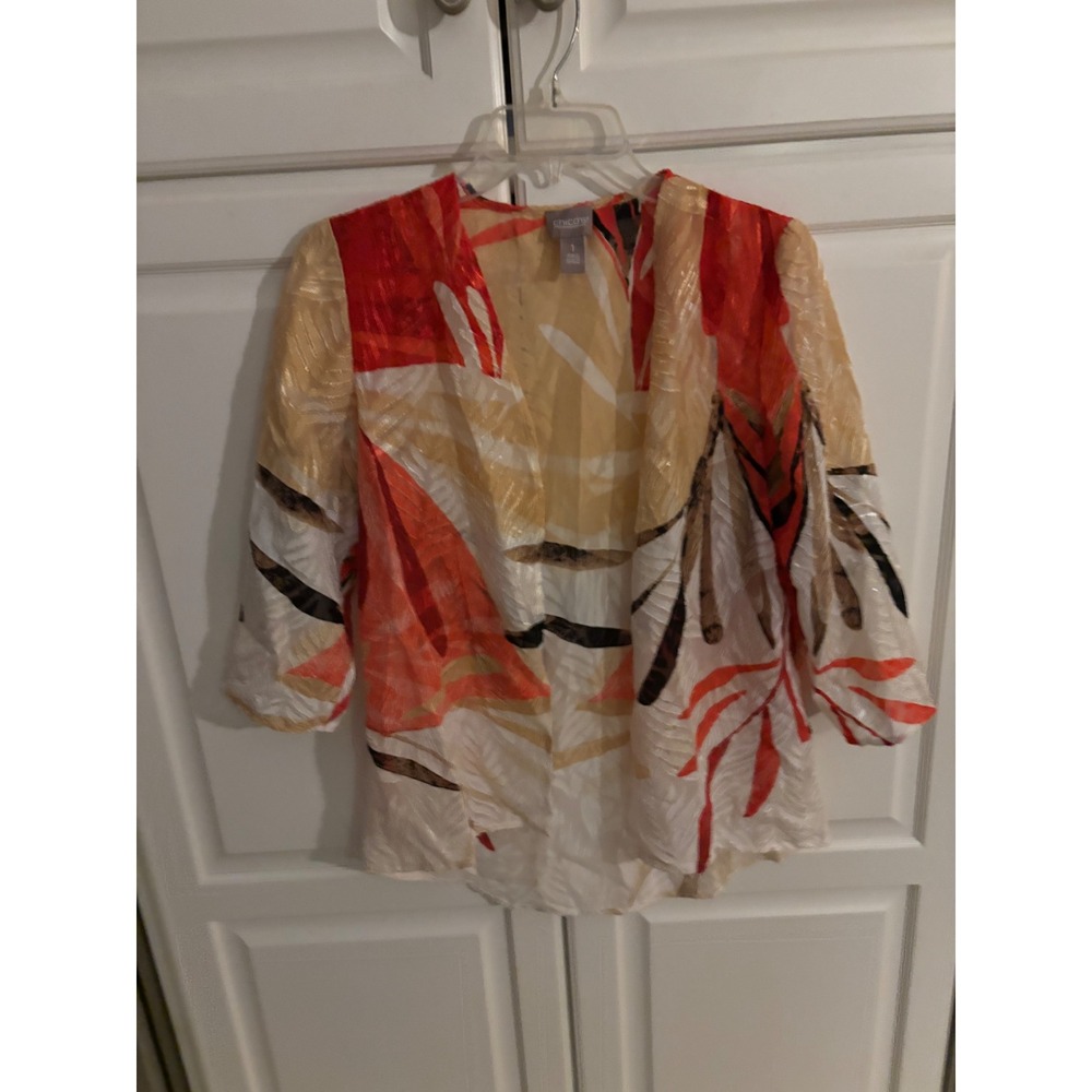 Chicos Tropical Leaf Open Kimono‎ Jacket Orange Yellow Metallic Size 1 Medium